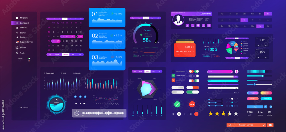 Poster Neon UI / UX / KIT elements set. Universal design interface for Mobile App, web site design and dashboard template. UI, UX and KIT flat elements - search, navigation, buttons, switches, bars. Vector