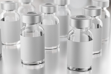 Lot of vaccine glass vials arranged in a rows, 3d rendering illustration.
