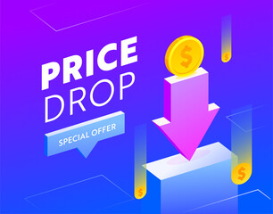 Price Drop Sale Advertising Banner with Typography. Blue Background Design with Coins and Arrow for Shopping Discount