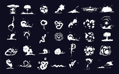 Cartoon explosion boom flame or smoke clouds. Cartoon steam clouds, dust, explosion, smog, bang, boom, mist, fog, water vapour or dust explosion. Colored flat cartoon. Isolated vector illustration