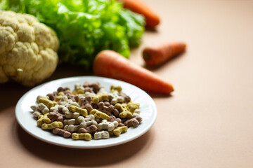 Dog dry crunchies in form of bone on white plate and Cauliflower, broccoli, carrots and lettuce close-up. Copy space