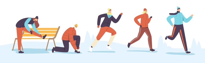Fototapeta premium Characters Winter Running. Sport Jogging Competition. Athlete Sprinters Sportsmen and Sportswomen Race at Cold Season