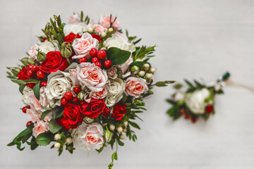 Wedding decorative floral bouquet of the bride close-up, top view