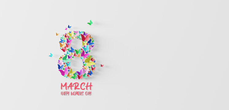 March 8 Women's Day card with colorful butterflies on white background 3d render 3d illustration
