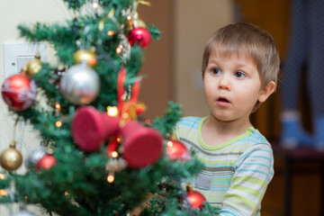 Fototapeta na wymiar The boy decorates the Christmas tree. Children in Xmas