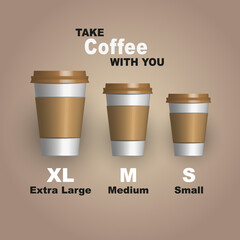 Mockup coffee cup. Coffee on the go cups. Different sizes of take away paper coffee cups vector illustration. 