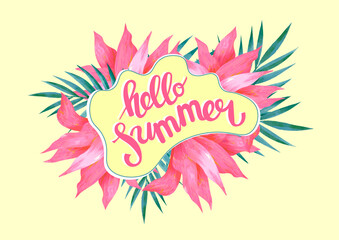A ''Hello Summer'' poster, banner, postcard for summer topics on websites, blogs for print. A flat illustration.