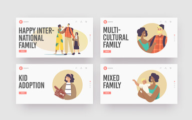 Multiracial Happy Family Landing Page Template Set. international Character Caucasian Father, African Mother and Kids
