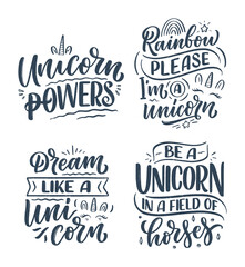Fototapeta premium Set with funny hand drawn lettering quotes about unicorn. Cool phrases for print and poster design. Inspirational kids slogans. Greeting card template. Vector