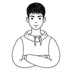 Young man portrait. Avatar of a teenager in hoodie. Digital pencil line art black and white illustration. 
