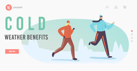 Happy People Wintertime Outdoor Sport Activity, Landing Page Template. Characters in Warm Sports Wear Running at Winter