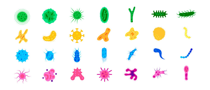 Bacteria, microbes and viruses icons set. Flat set of bacteria. Vector biology icons. Vector flat bacteria microbe illustration.