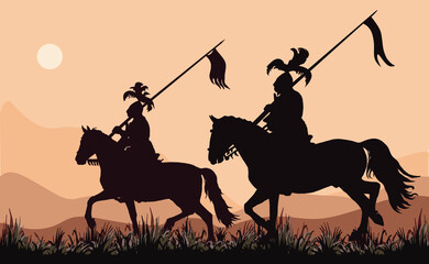 black silhouettes of two medieval knights on horseback, against the sky
