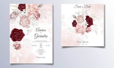  Elegant wedding invitation card with beautiful  maroon  floral and leaves template Premium Vector