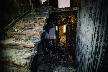 Fototapeta na wymiar Interior of old historical mansion after fire