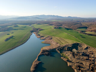 Aerial sunset view of  Trakiets Reservoir, Bulgaria