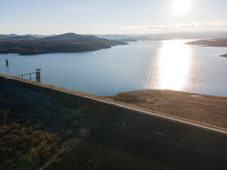 Aerial sunset view of  Trakiets Reservoir, Bulgaria