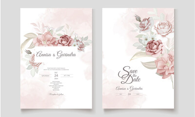 Fototapeta na wymiar Elegant wedding invitation card with beautiful brown floral and leaves template Premium Vector
