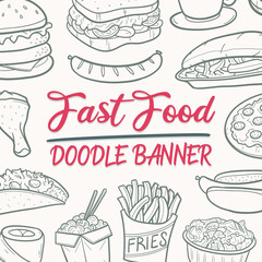 Fast Food Doodle Banner Icon. Restaurant Vector Illustration Hand Drawn Art. Line Symbols Sketch Background.