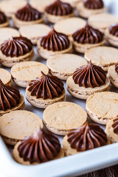 Filling french macarons with dark chocolate ganache.