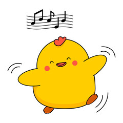 Cute chicken for Easter design. Kawaii character dances to the music. Funny vector illustration in cartoon style. Isolated on white.