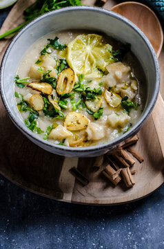 Celery and rice soup with lemon