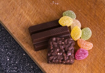 close-up of chocolate bars and other candy