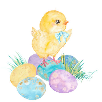 recommend clip art: Watercolor Easter clipart. Colored Easter eggs and Cute yellow chicken.