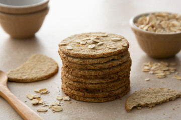Healthy whole meal cereal crackers with seeds. Keto diet, healthy foods, oatmeal cookies