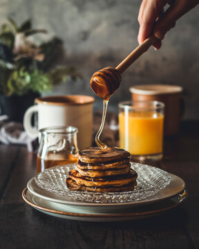 Pancake stack with honey drizzle.