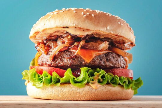 Classic layered hamburger with lettuce, tomatoes, cheddar cheese and caramelized onions.
