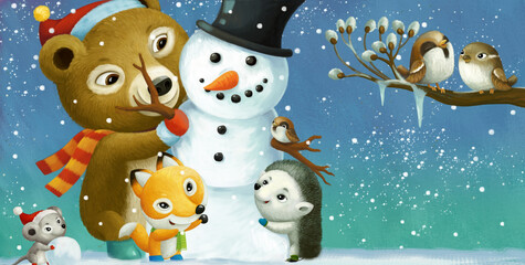 cartoon christmas scene with different animals and snowman illustration