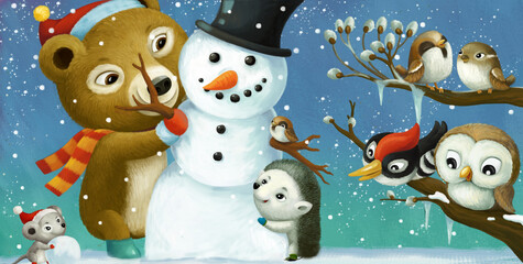 cartoon christmas scene with different animals and snowman illustration
