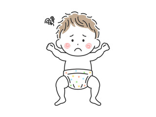 オムツ姿で寝転んでいる不機嫌な赤ちゃんのイラスト