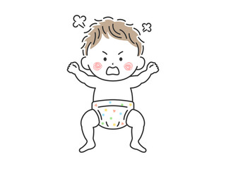 オムツ姿で寝転んでいる不機嫌な赤ちゃんのイラスト