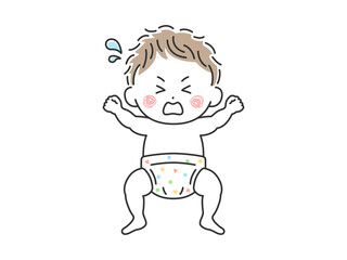 オムツ姿で寝転んで泣いている赤ちゃんのイラスト