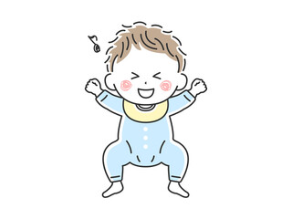 ベビー服を着て寝転んでいるご機嫌な赤ちゃんのイラスト