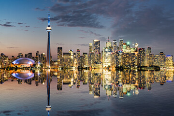 Reflection of the night city skyline of Toronto, Ontario, Canada
