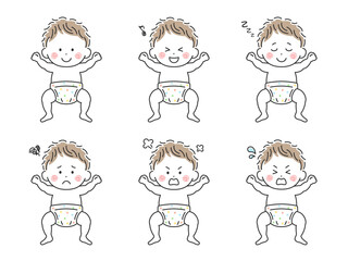 オムツをはいた赤ちゃんのイラストセット