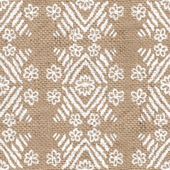 Seamless burlap with white paint pattern overlay. High quality illustration. Real burlap fabric texture with digital pattern on top for print in various surface design uses. Great for interiors.