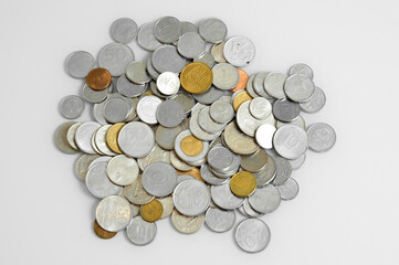 Many  vintage coins from different countries Euro Dollar Real Japan metal gold financial close economic cents pound finance business monetary collection money