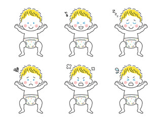 オムツをはいた白人の赤ちゃんのイラストセット