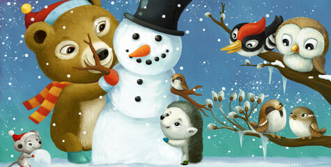 cartoon christmas scene with different animals and snowman illustration