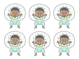 ベビー服を着た授乳クッションで寝転ぶ黒人の赤ちゃんのイラストセット