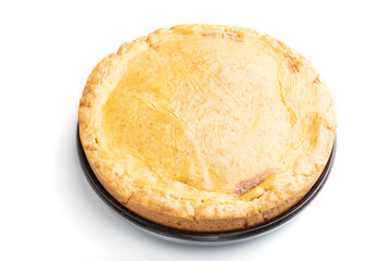 Autumn onion pie and cup of coffee isolated on white background. Side view.