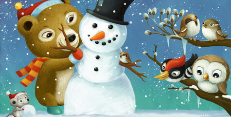 cartoon christmas scene with different animals and snowman illustration