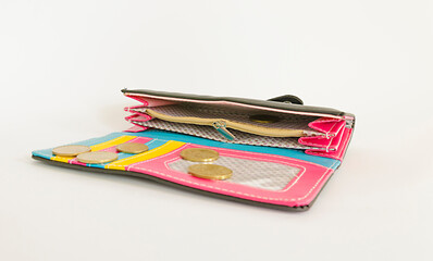 Open empty wallet with coins on white background