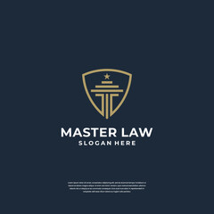 Law of Justice logo design pillar with shield symbol. minimalist logo with line art style