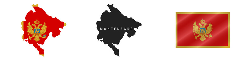 Montenegro. Detailed flag map. Detailed silhouette. Waving flag. Vector illustration