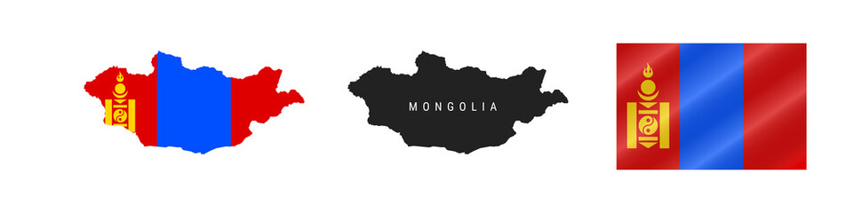Mongolia. Detailed flag map. Detailed silhouette. Waving flag. Vector illustration